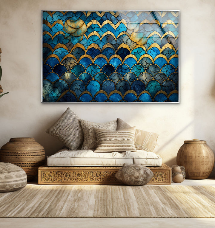 Blau-goldene Wellenmosaik-Glaskunst – Vom Meer inspirierte, rissige Textur 