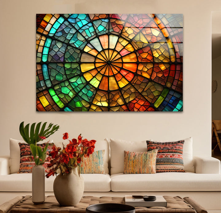 Radiant Wheel Mosaic Stained Glass Wall Art – Colorful Circular Window Decor