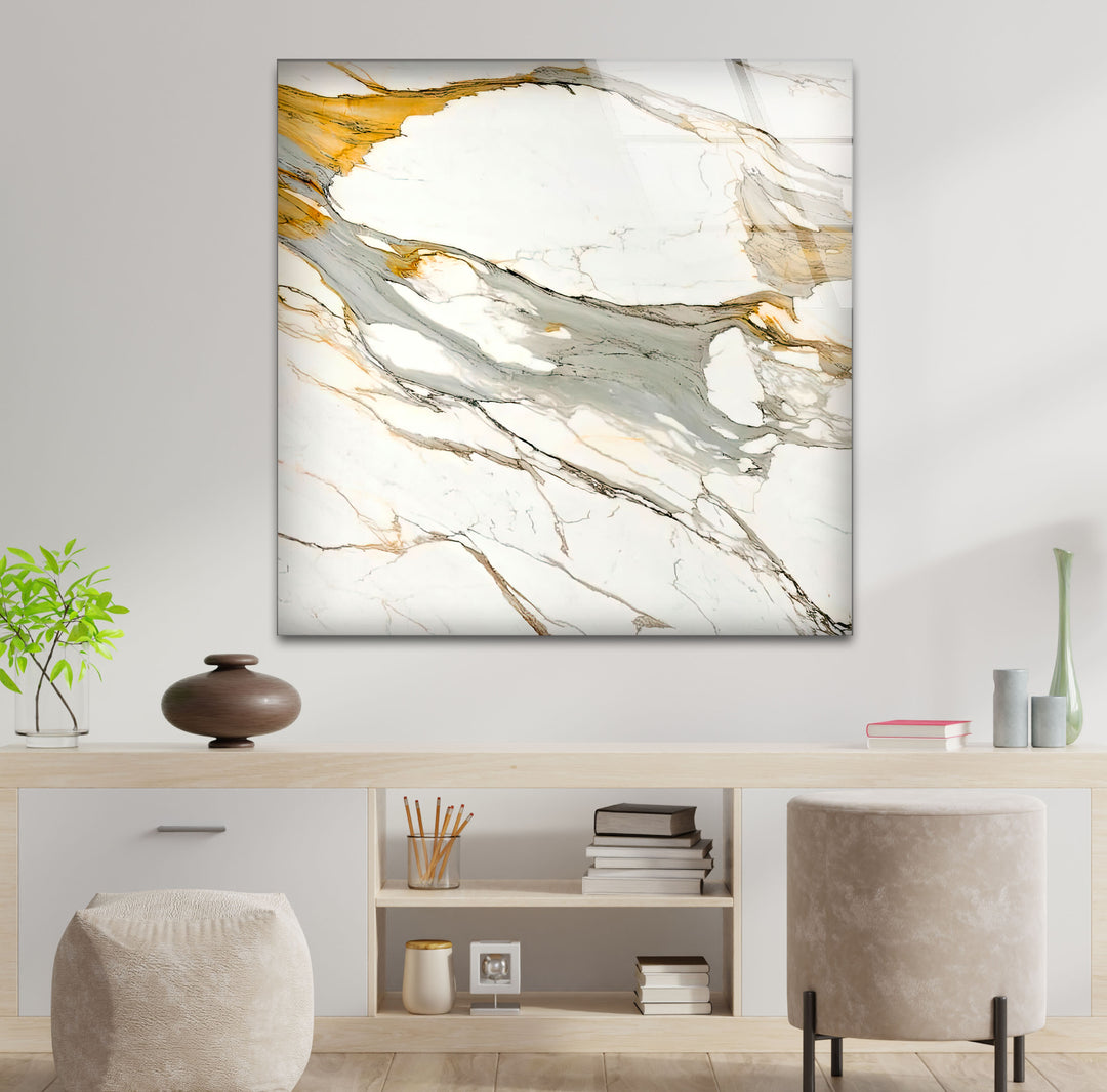 Gold Vein Marble Wall Art – Elegant Glass Print with White and Gray Swirls for Modern Luxury Interiors