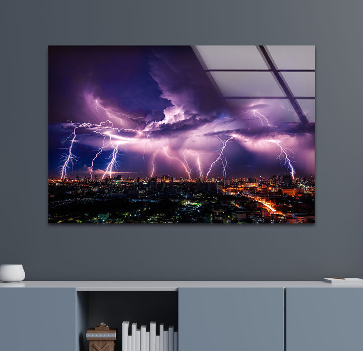 Purple Lightning Storm Over Cityscape – Dramatic Night Sky Glass Wall Art