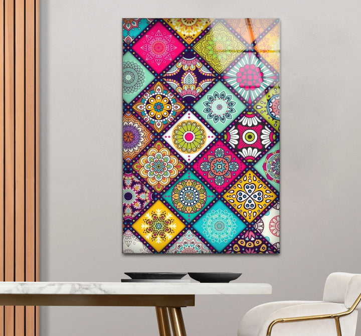 Bohemian Mandala Glass Wall Art – Colorful Mosaic Pattern for Eclectic Interiors - MyPhotoStation