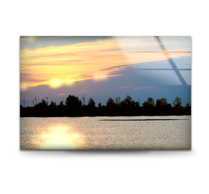 Sunset Lake View Wall Art – Serene Wind Turbine Glass Print for Eco-Inspired and Modern Interiors
