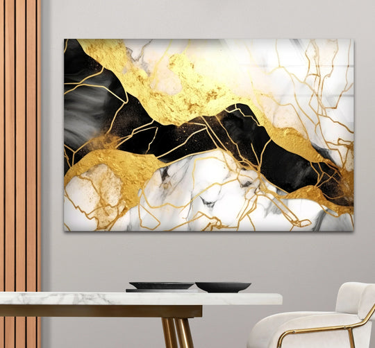 Luxurious black and gold marble abstract wall prints evoke a sophisticated and modern mood for any space.