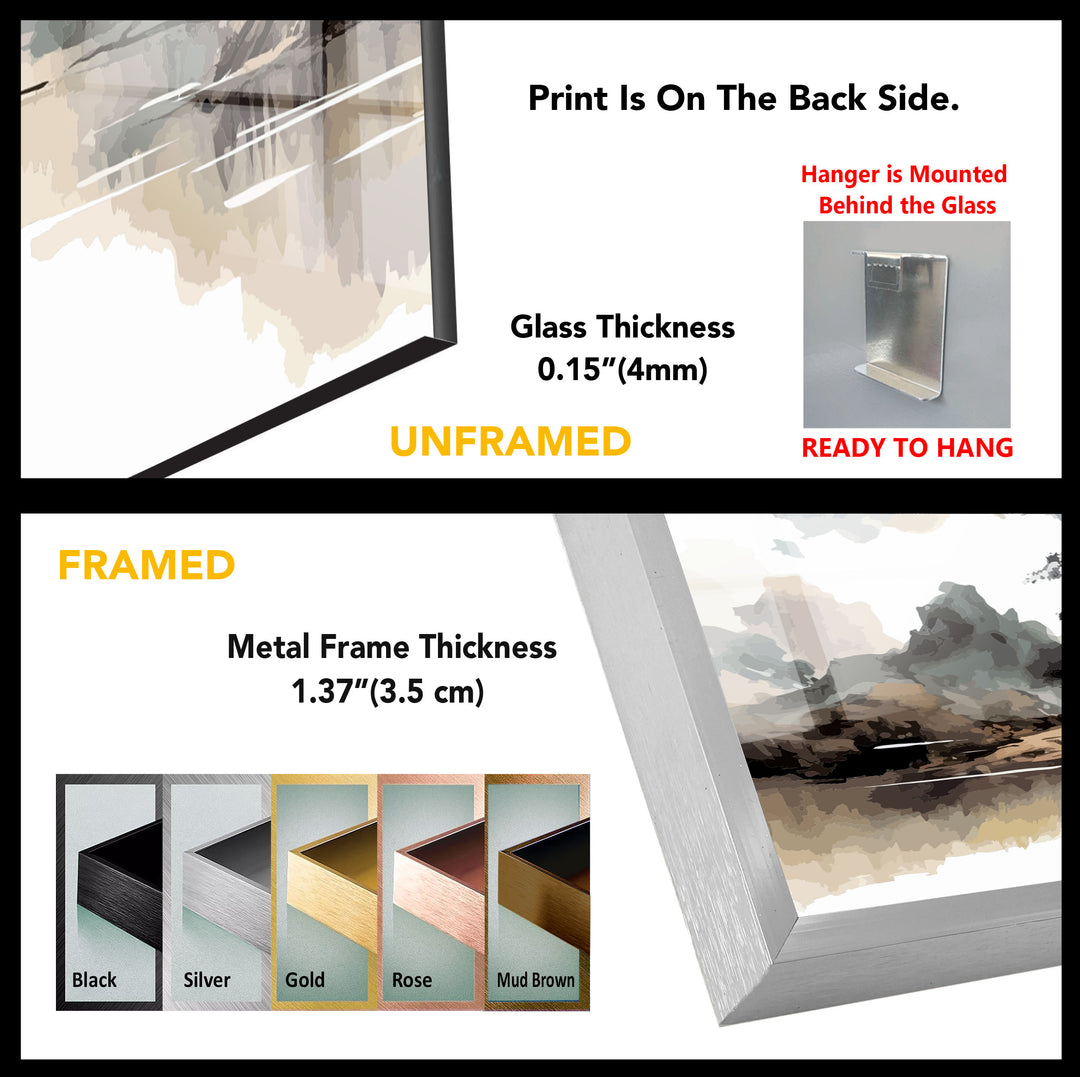 Serene Mountain Lake Wall Art – Asian Landscape Ink Style Glass Print