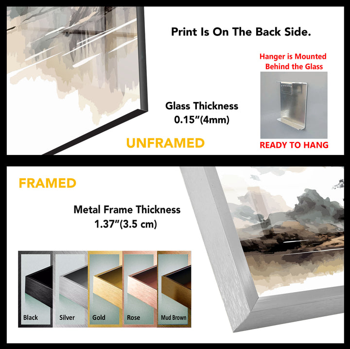 Serene Mountain Lake Wall Art – Asian Landscape Ink Style Glass Print