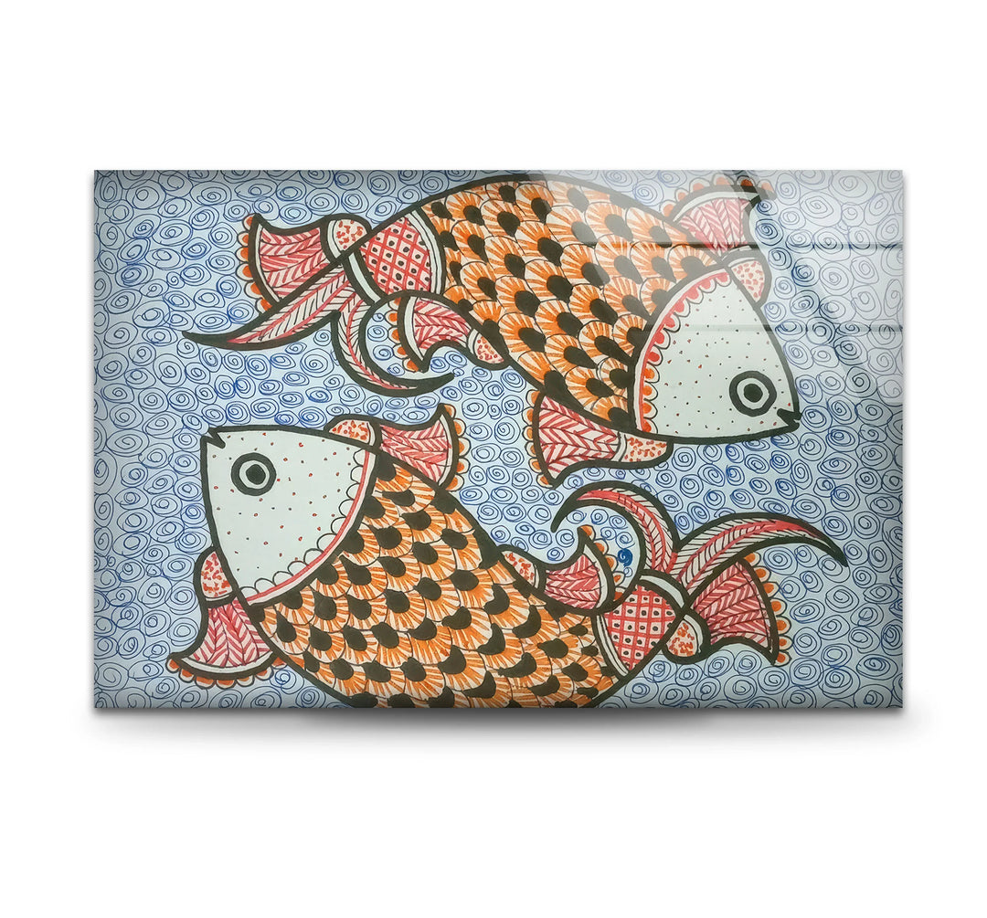 Traditional Folk Art Fish Wall Decor – Vibrant Indian Style Glass Print - MyPhotoStation