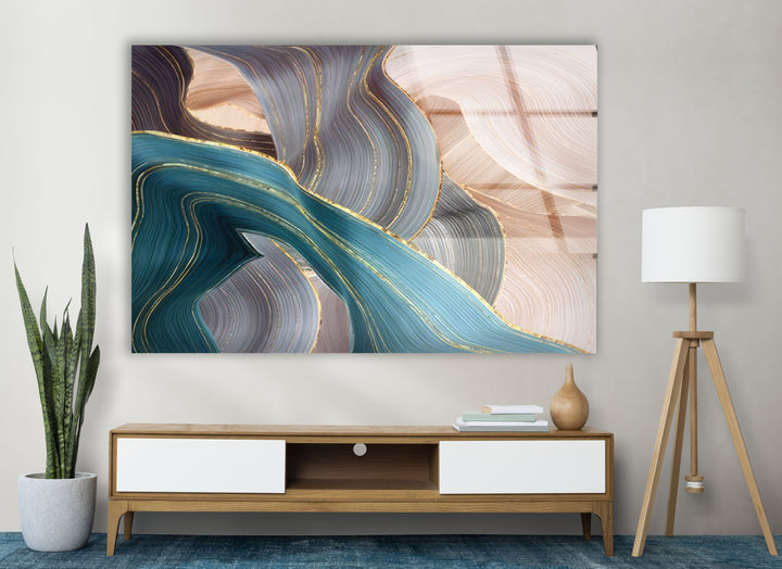 Goldene Adern Abstrakte Wandkunst – Blauer und beiger Glasdruck 