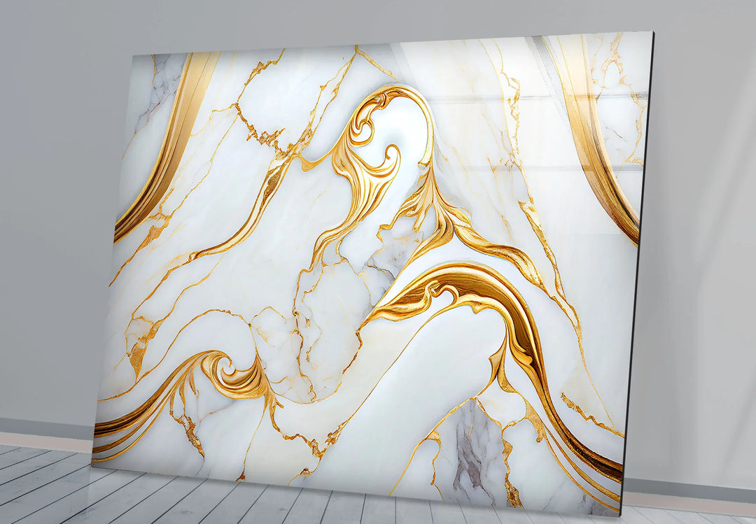 Luxury White Marble Wall Art with Gold Swirl – Elegant Glass Print for Modern Interiors - MyPhotoStation