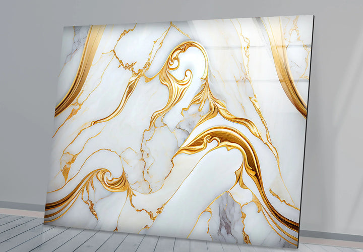 Luxury White Marble Wall Art with Gold Swirl – Elegant Glass Print for Modern Interiors - MyPhotoStation