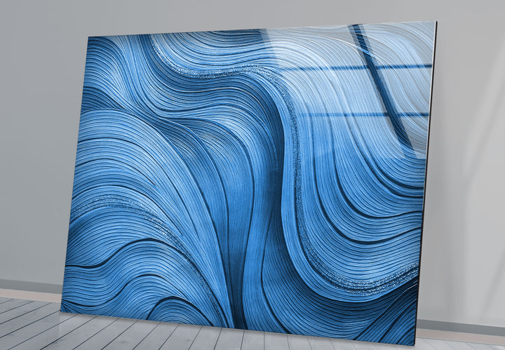 Blue Flow Line Wall Art – Modern Minimalist Wave Glass Print