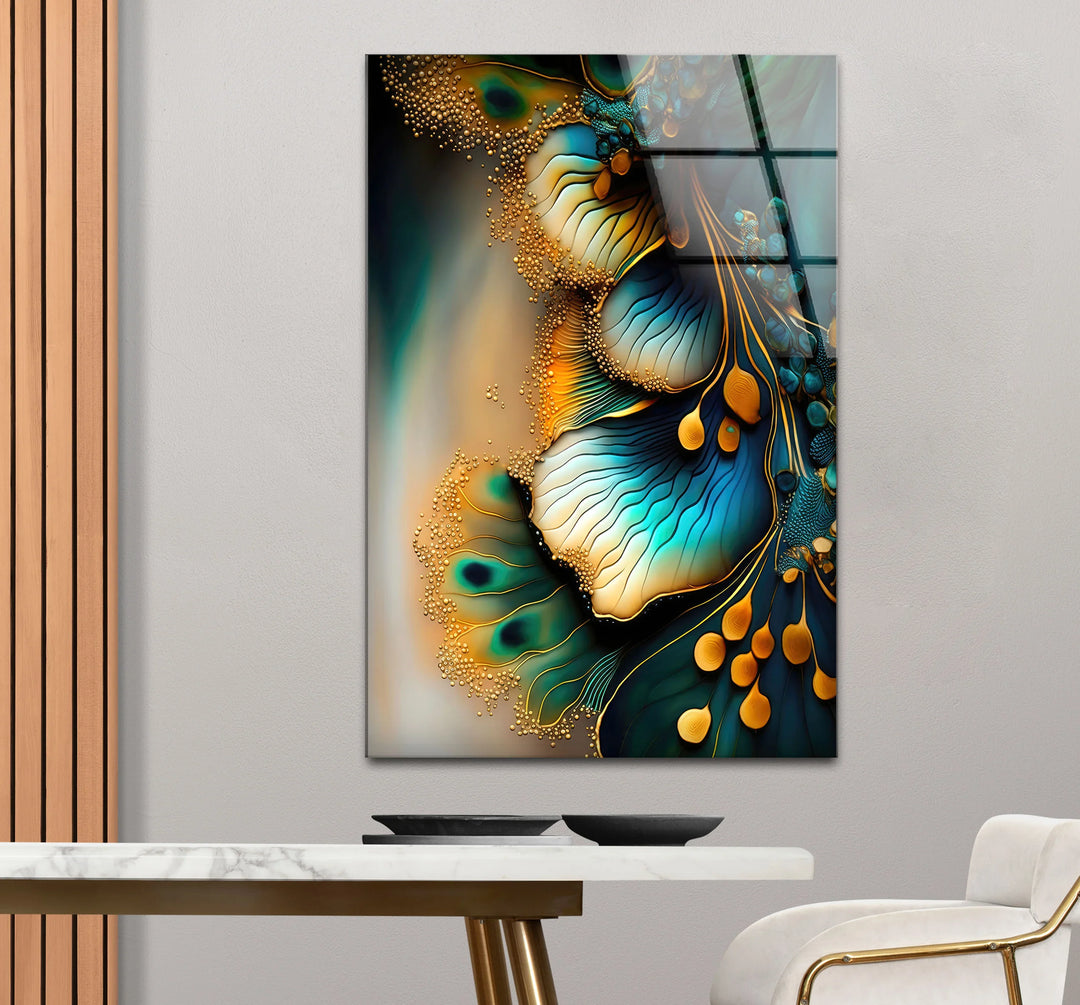 Teal Gold Abstract Floral Glass Wall Art – Elegant Botanical Flow Design - MyPhotoStation