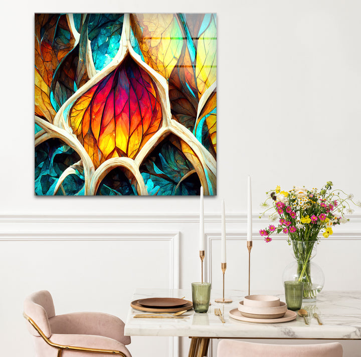 Von der Natur inspirierte Buntglas-Wandkunst – Abstraktes Blattdesign 