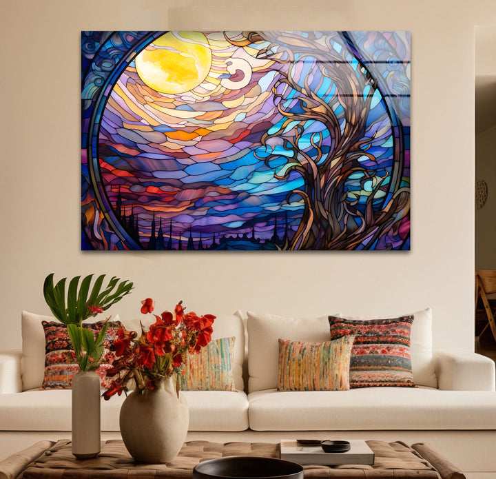 Mystic Moon Buntglas-Wandkunst – Verzauberter Baum &amp; Nachthimmel-Dekor