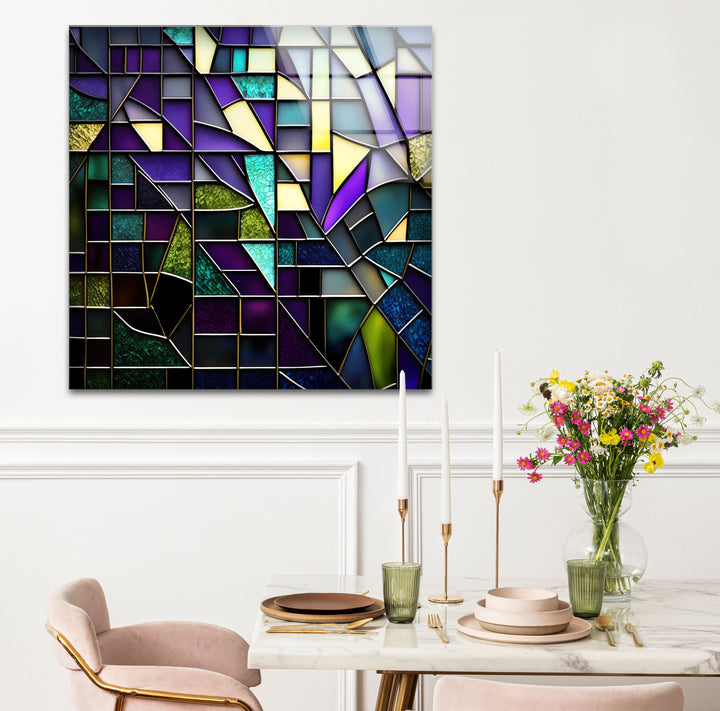 Modern Abstract Stained Glass Wall Art – Purple & Gold Geometric Decor
