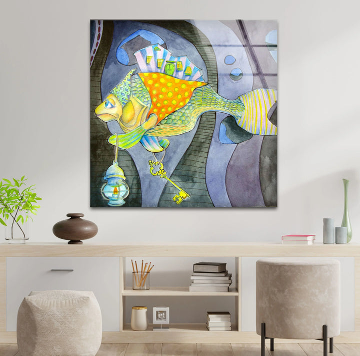 Surreal Fantasy Fish Wall Art – Whimsical Glass Print with Key & Lantern - MyPhotoStation