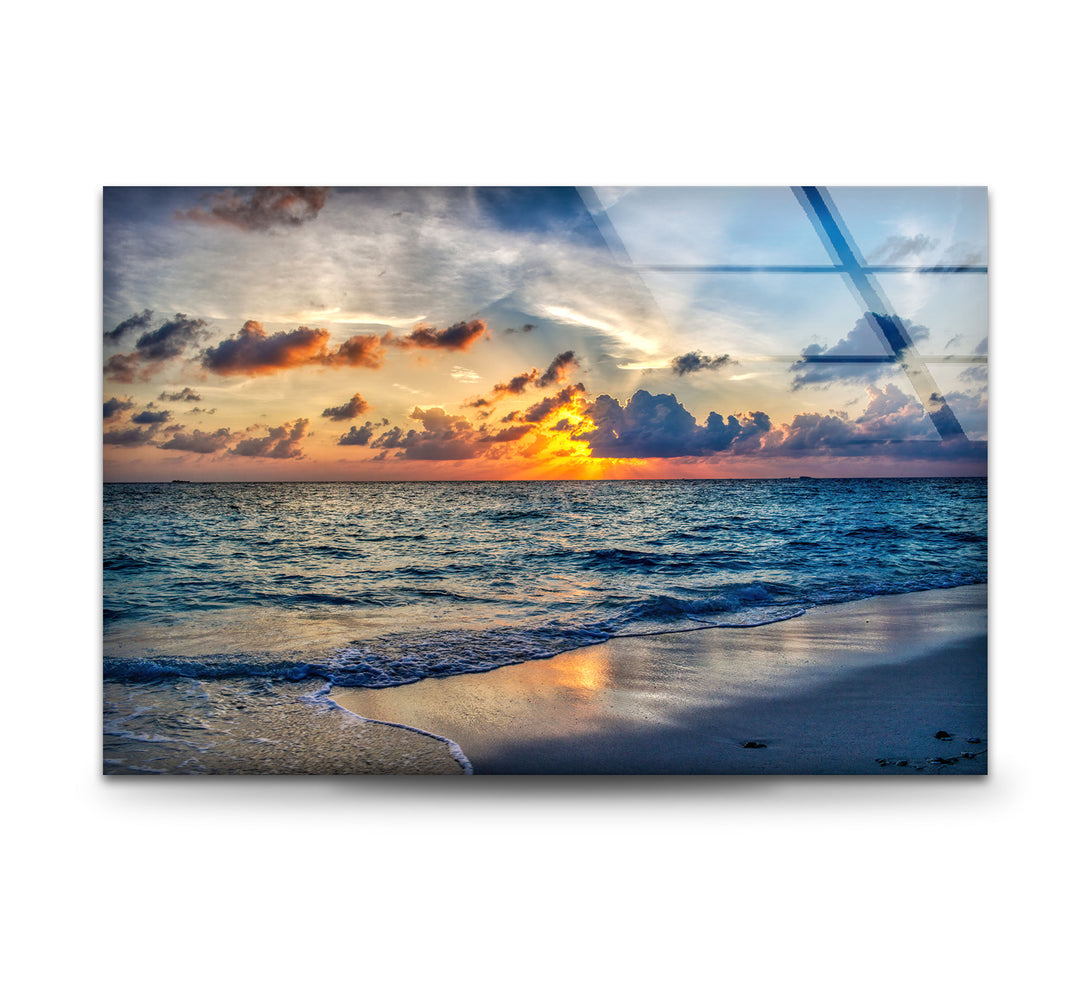 Tropical Ocean Sunset Wall Art – Serene Beach Glass Print for Tranquil and Coastal Interiors