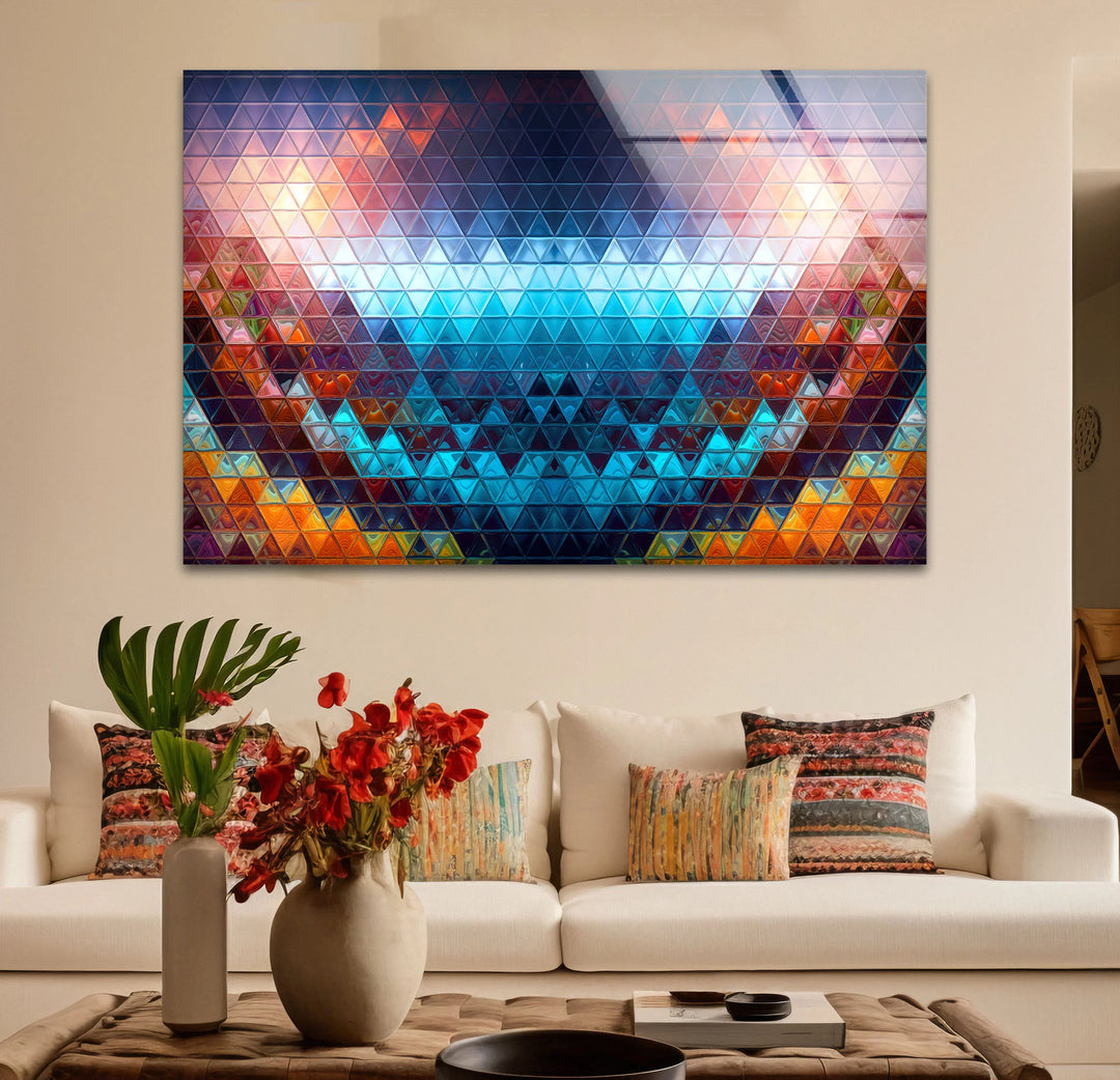 Highlighting the realistic detail, a geometric prism features vibrant colorful triangle mosaic patterns, providing stunning glass wall art decor for a modern space.