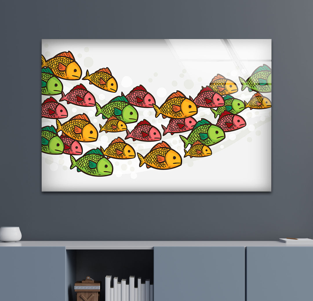Colorful Fish Pattern Wall Art – Playful Glass Print for Kids’ Rooms, Bathrooms, and Coastal Interiors