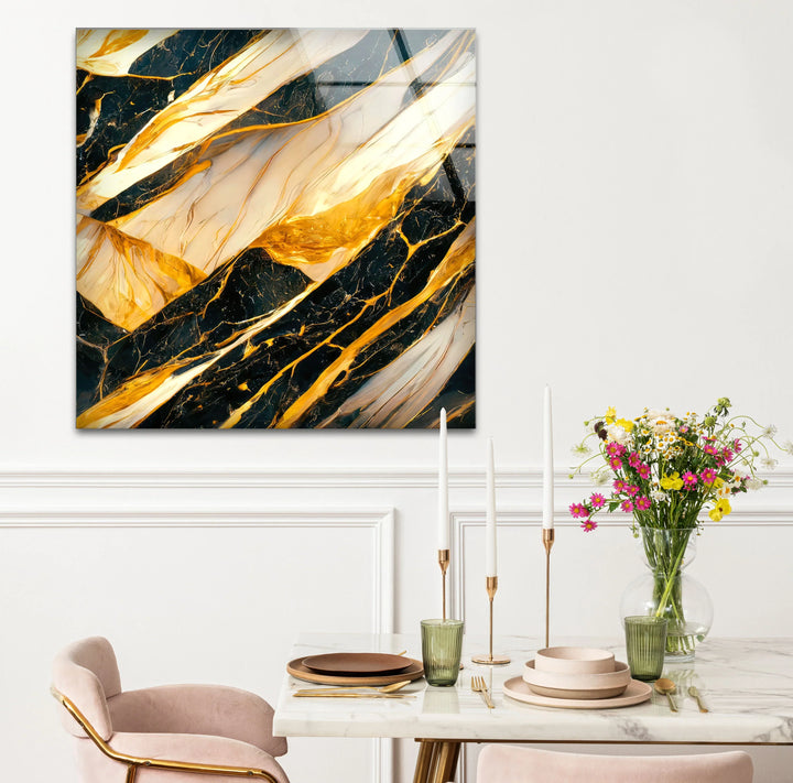 Luxury Black Marble Glass Wall Art with Gold and White Fluid Veins – Modern Abstract Decor - MyPhotoStation