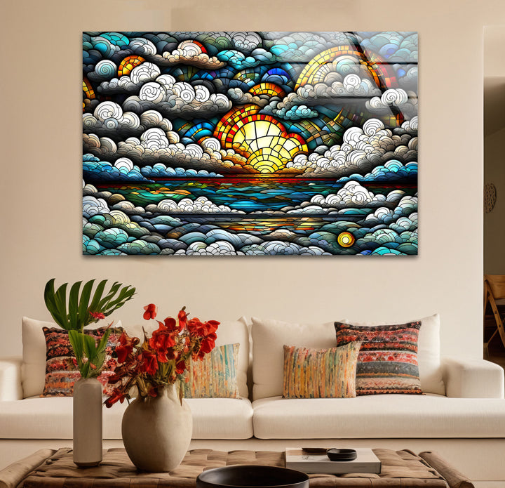 Stained Glass Sunrise Cloudscape Wall Art – Serene Horizon Decor