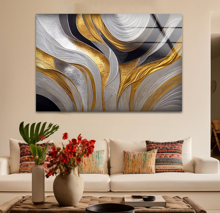 Silver Gold Wave Wall Art – Luxury Abstract Fluid Glass Print Décor