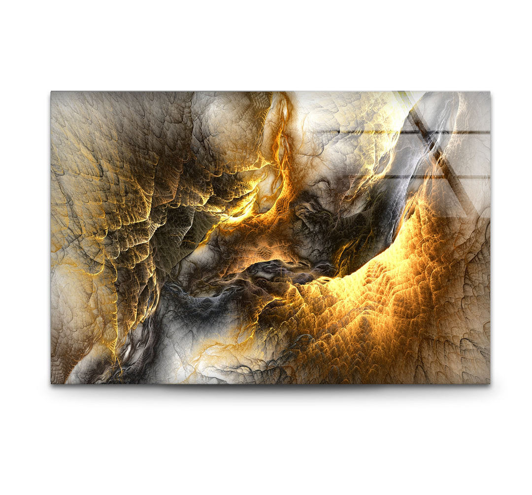Golden Ember Cavern Wall Art – Textured Abstract Glass Print Decor