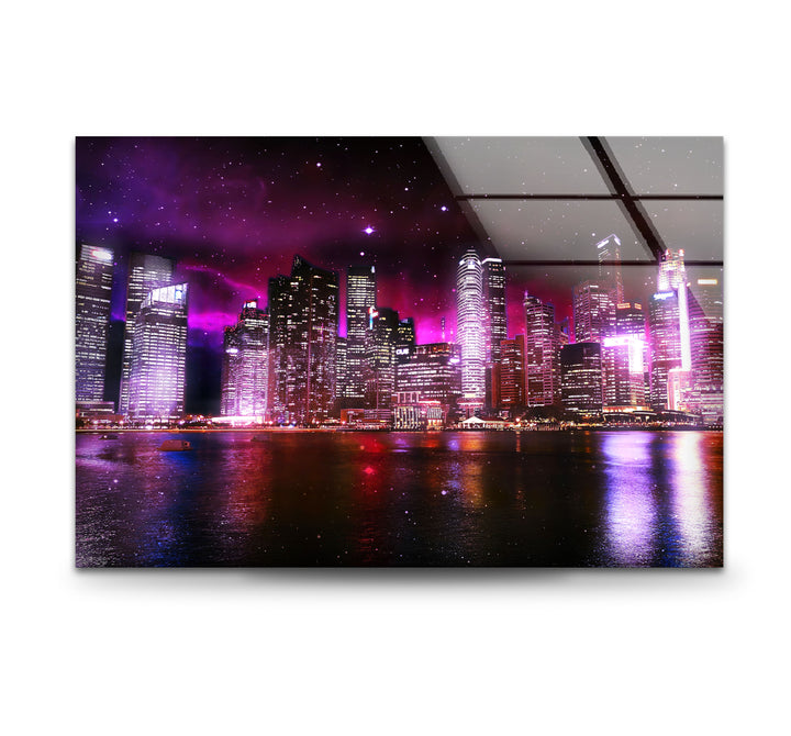 Futuristic Cityscape Wall Art – Neon Skyline Glass Print with Galaxy Night View