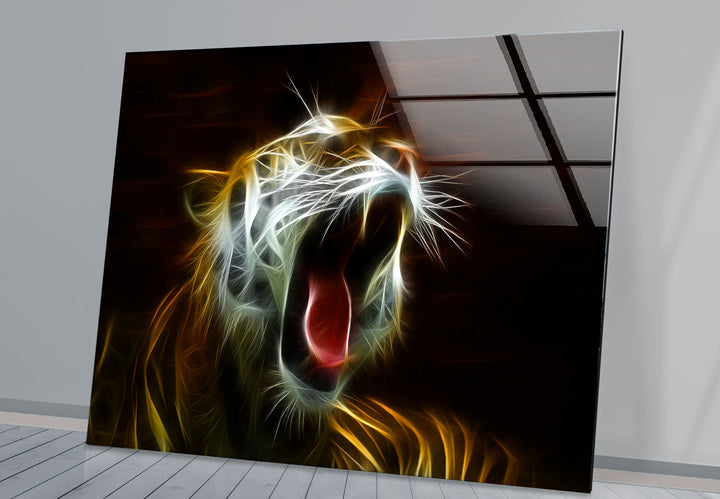 Electric Roar Tiger Wandkunst – Neon Wildtier Glasdruck Dekor