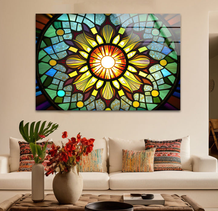 Strahlende Buntglas-Wandkunst mit Sonnenstrahlen – Buntes Mandala-Fensterpaneel 