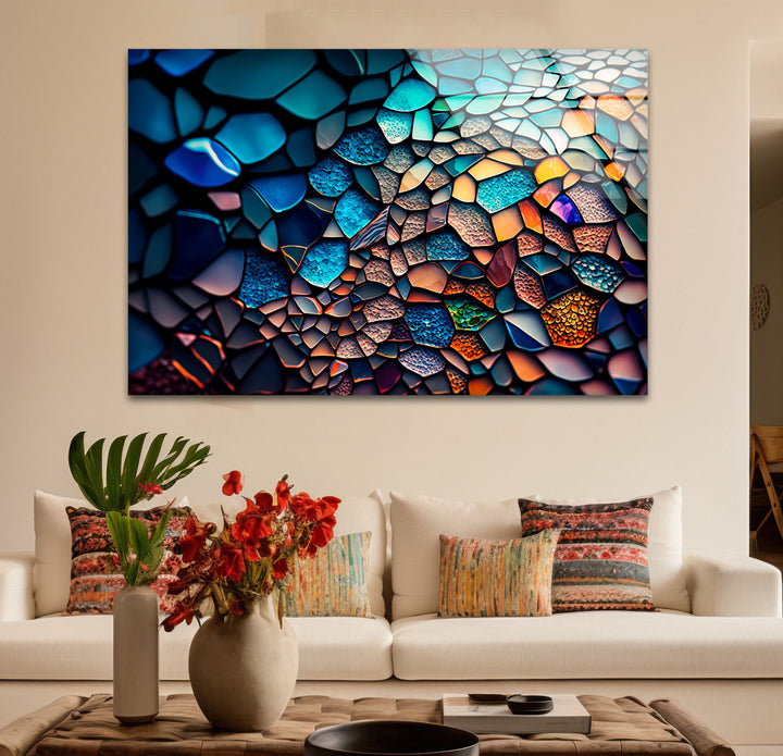Strukturierte Mosaik-Glaswandkunst – Farbpalette des tiefen Ozeans, abstraktes steinähnliches Design 