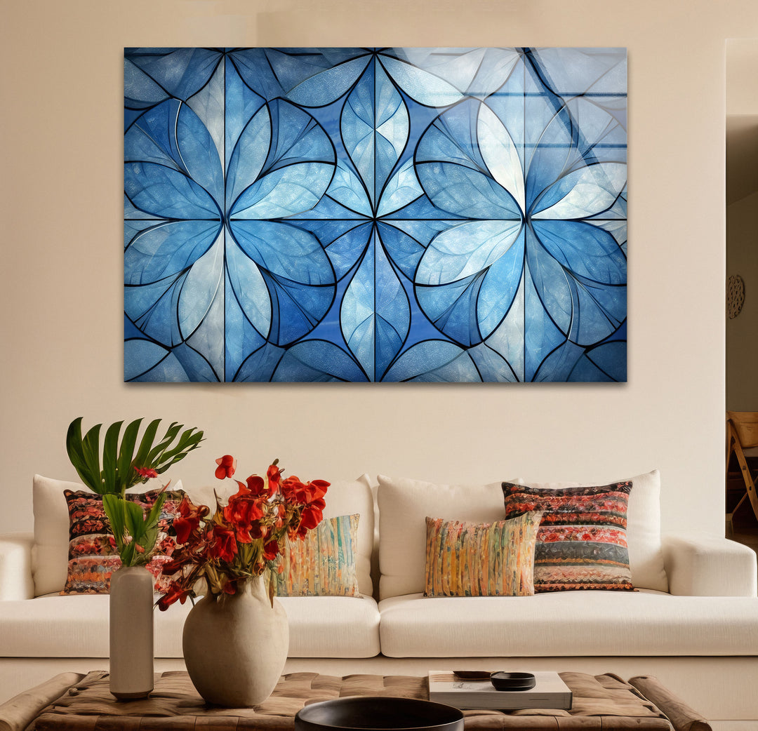 Blue Floral Geometric Wall Art – Modern Glass Panel with Elegant Petal Design