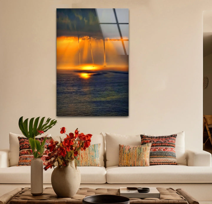 Golden Ocean Sunset with Rain Funnels – Dramatic Seascape Glass Wall Art - MyPhotoStation