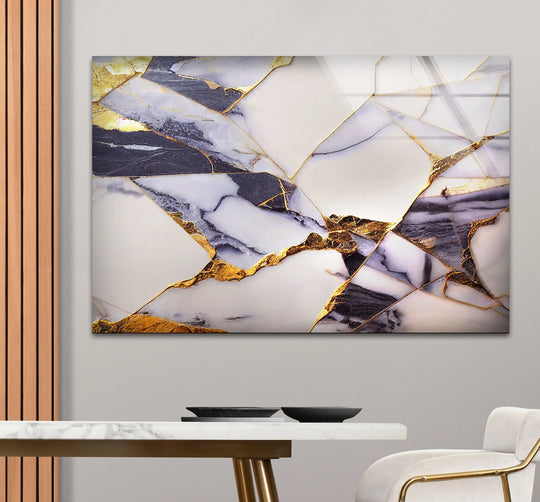 Luxurious art from glass features high color saturation with bold navy and rich gold veins against a white cracked stone abstract design.