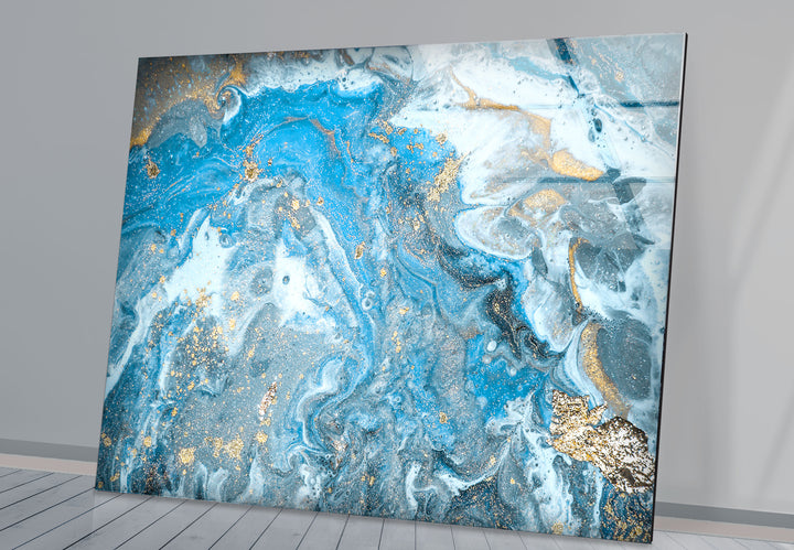 Blue Gold Ocean Marble Wall Art – Elegant Abstract Glass Print Decor