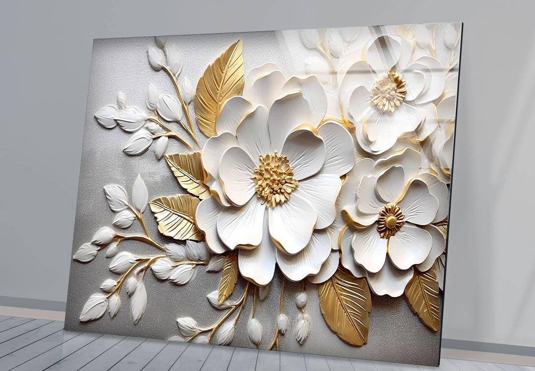 White Gold Floral Wall Art – 3D Textured Flower Print on Glass Panel - MyPhotoStation