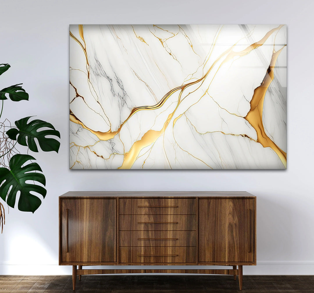 White Marble Wall Art with Gold Veins – Elegant Abstract Glass Print for Modern Luxury Interiors - MyPhotoStation