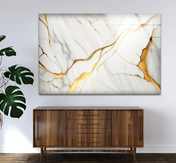 White Marble Wall Art with Gold Veins – Elegant Abstract Glass Print for Modern Luxury Interiors - MyPhotoStation