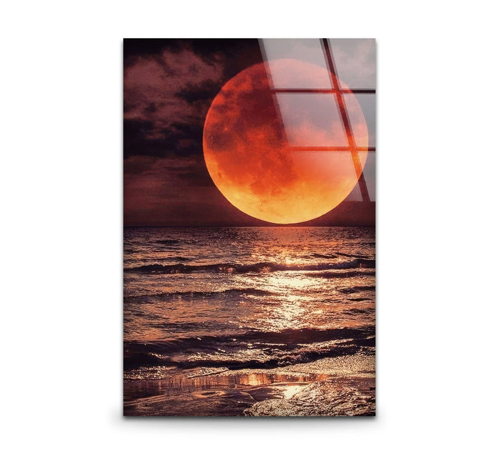 Red Moon Over Ocean Glass Wall Art – Dramatic Lunar Seascape Print for Bold Modern Decor - MyPhotoStation