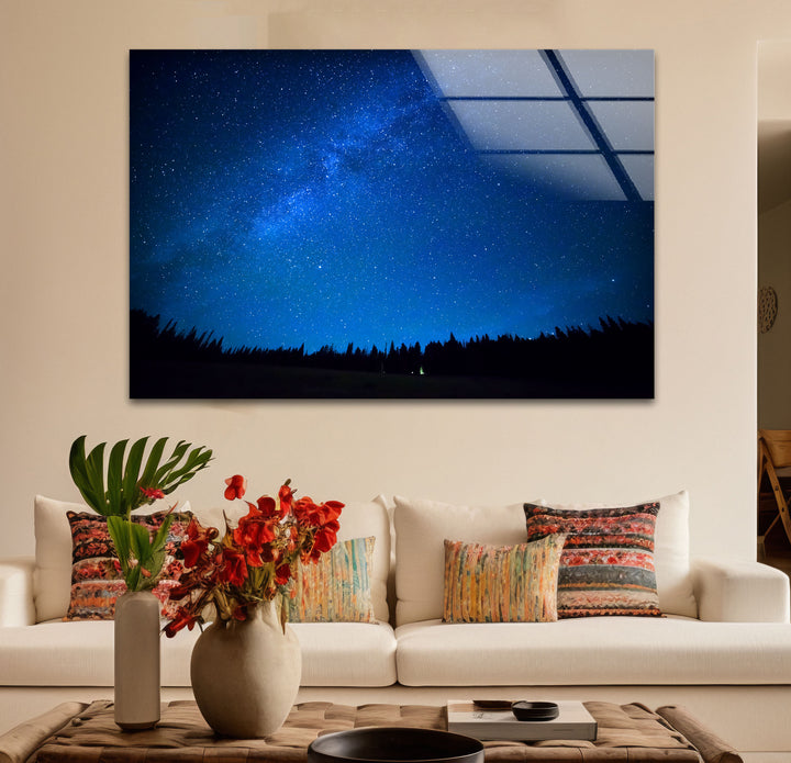 Starry Night Sky Wall Art – Deep Blue Milky Way Glass Print Decor