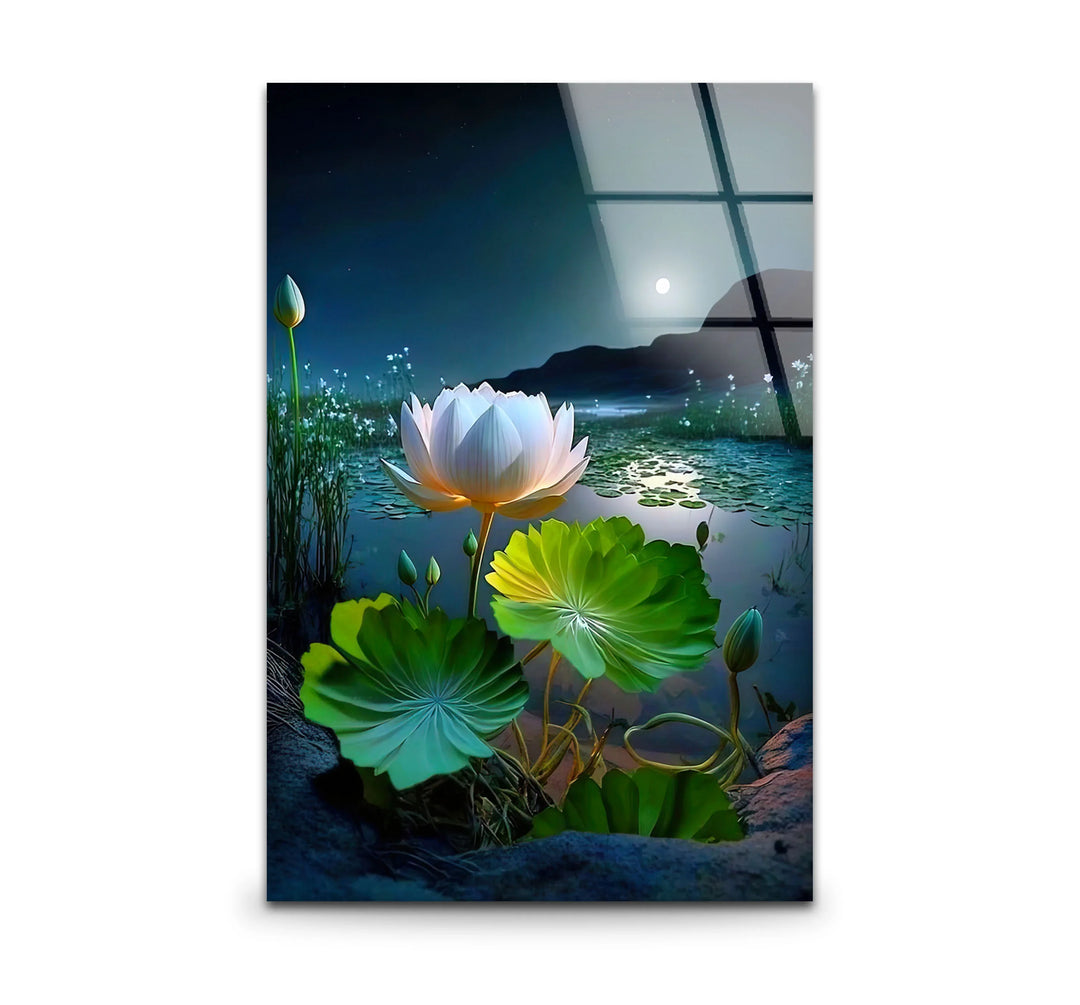 Moonlit Lotus Flower Glass Wall Art – Serene Night Lake Scene for Tranquil Home Decor - MyPhotoStation