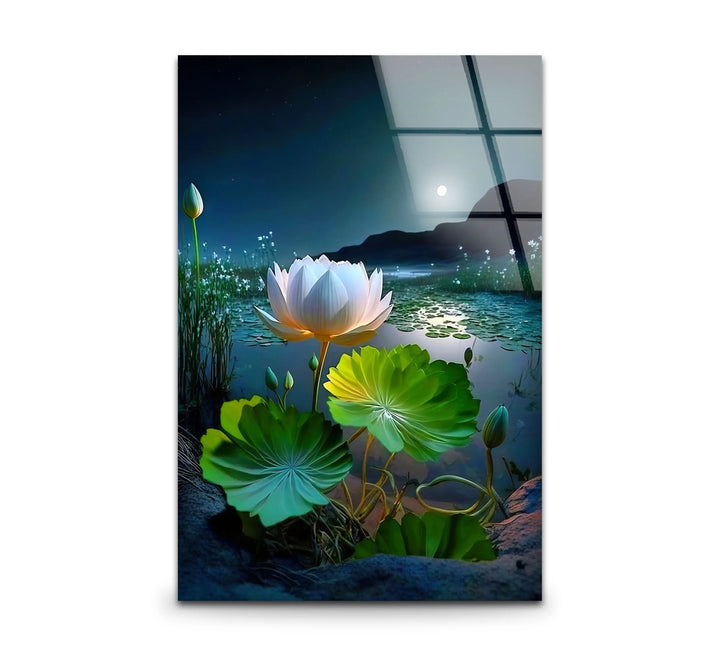 Moonlit Lotus Flower Glass Wall Art – Serene Night Lake Scene for Tranquil Home Decor - MyPhotoStation