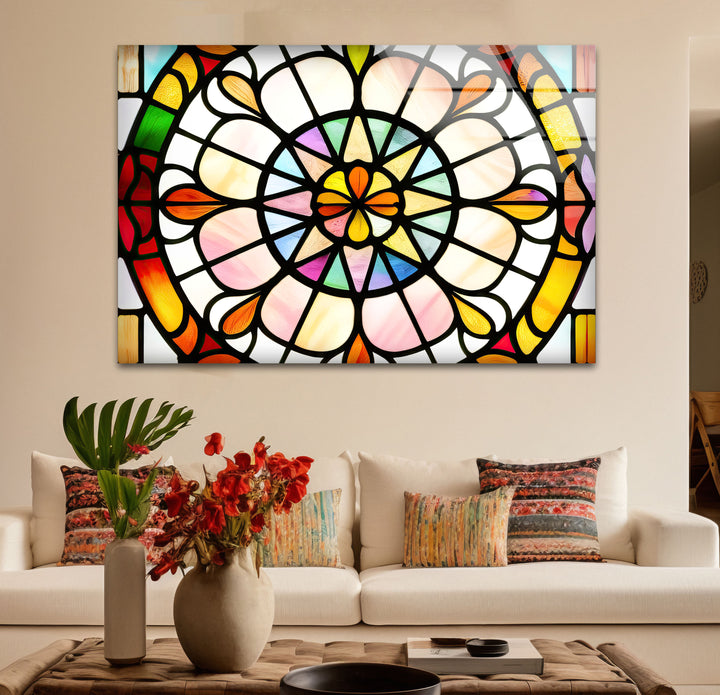 Bunte Buntglas-Wandkunst – Lebendiges Rosenfenster-Glasdesign 