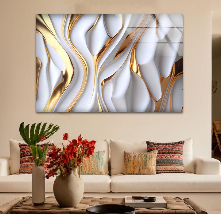 Gold White Abstract Wall Art – Luxury Fluid Texture Glass Print for Modern Interiors