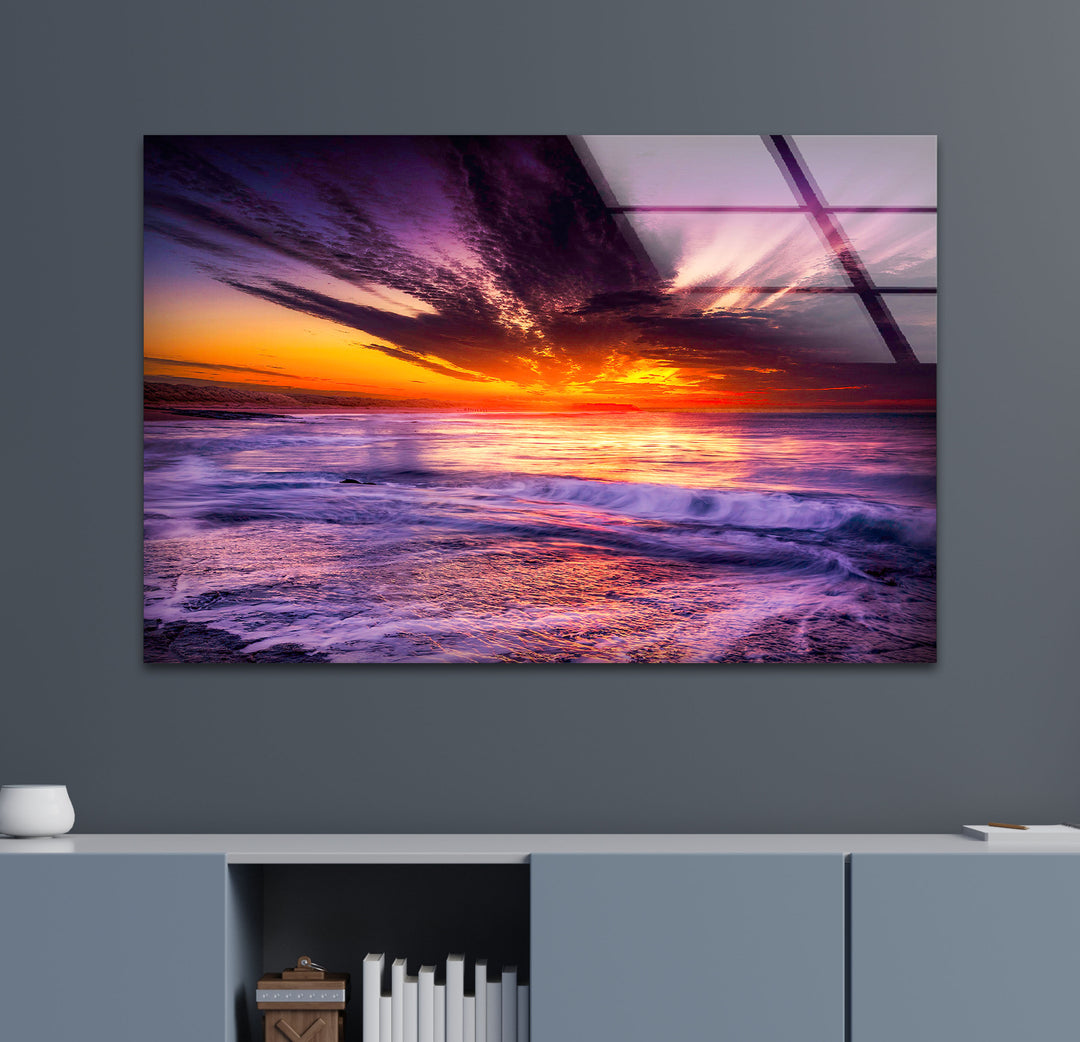 Vibrant Ocean Sunset Wall Art – Purple Sky & Waves Glass Print