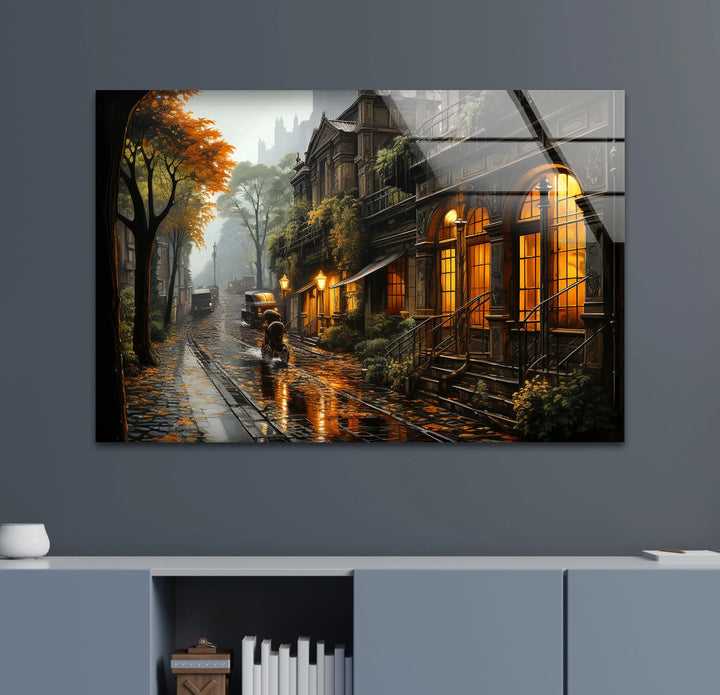 Rainy Vintage Street Wall Art – Warm Autumn Cityscape Glass Print - MyPhotoStation