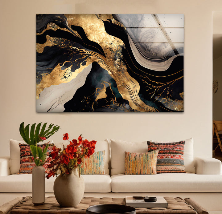 Black & Gold Abstract Glass Wall Art – Luxury Modern Fluid Design