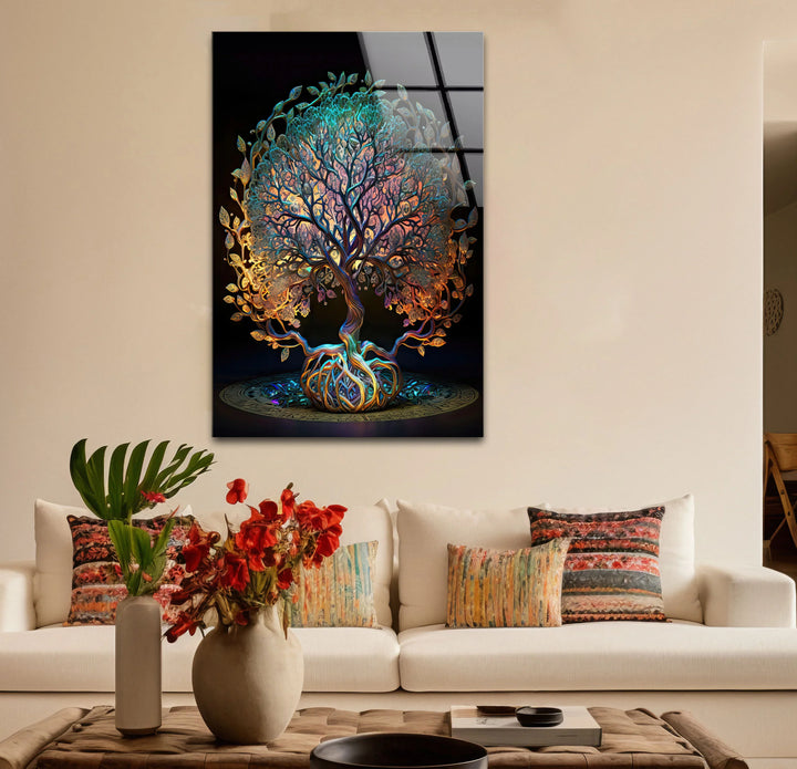 Mystical Tree of Life Wall Art – Colorful Spiritual Glass Print for Sacred and Boho Interiors - MyPhotoStation