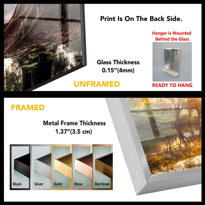 Golden Forest Sunrise Reflections – Majestic Tree and River Glass Wall Art - MyPhotoStation