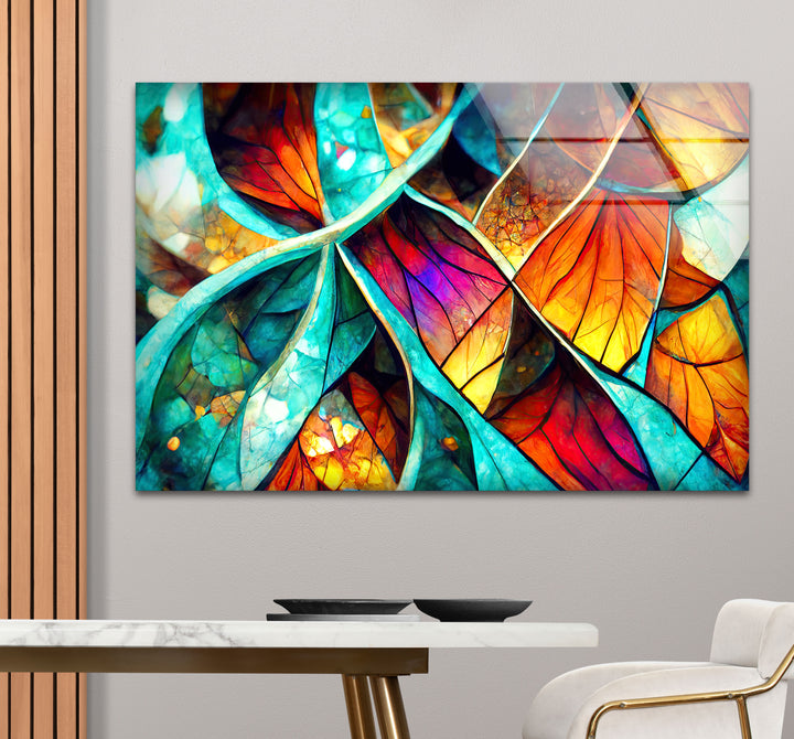 Abstrakte Wanddekoration aus Buntglasblättern – Lebendiges, von der Natur inspiriertes Panel für moderne Innenräume