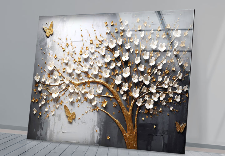 Golden Cherry Blossom Tree Wall Art – 3D Floral Glass Print with Butterflies